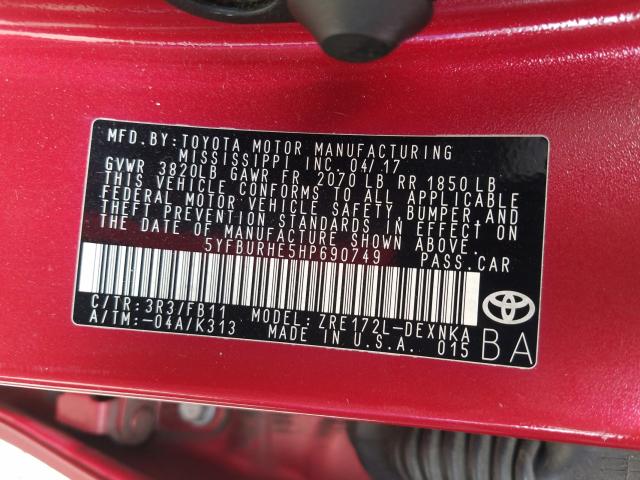 Photo 9 VIN: 5YFBURHE5HP690749 - TOYOTA COROLLA L 