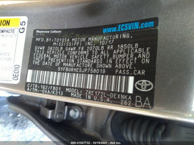 Photo 8 VIN: 5YFBURHE5JP758019 - TOYOTA COROLLA L 