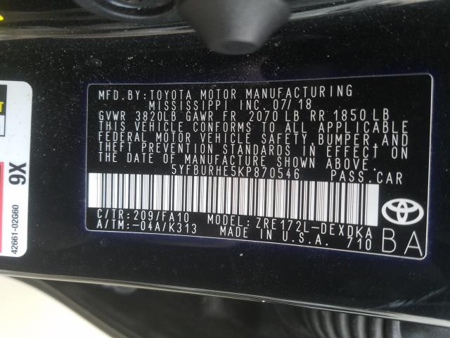 Photo 9 VIN: 5YFBURHE5KP870546 - TOYOTA COROLLA L 