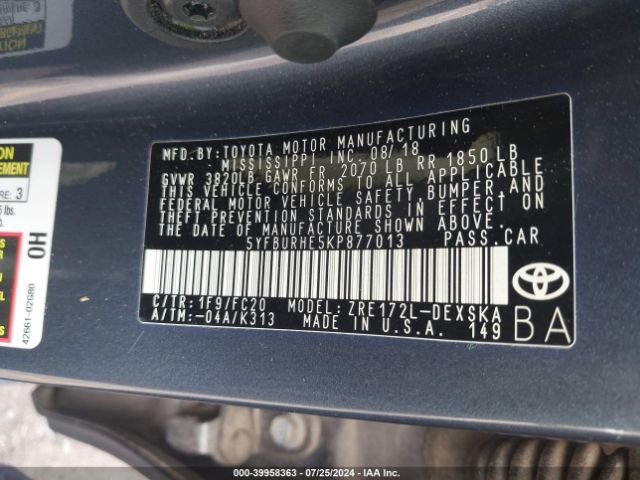 Photo 8 VIN: 5YFBURHE5KP877013 - TOYOTA COROLLA 