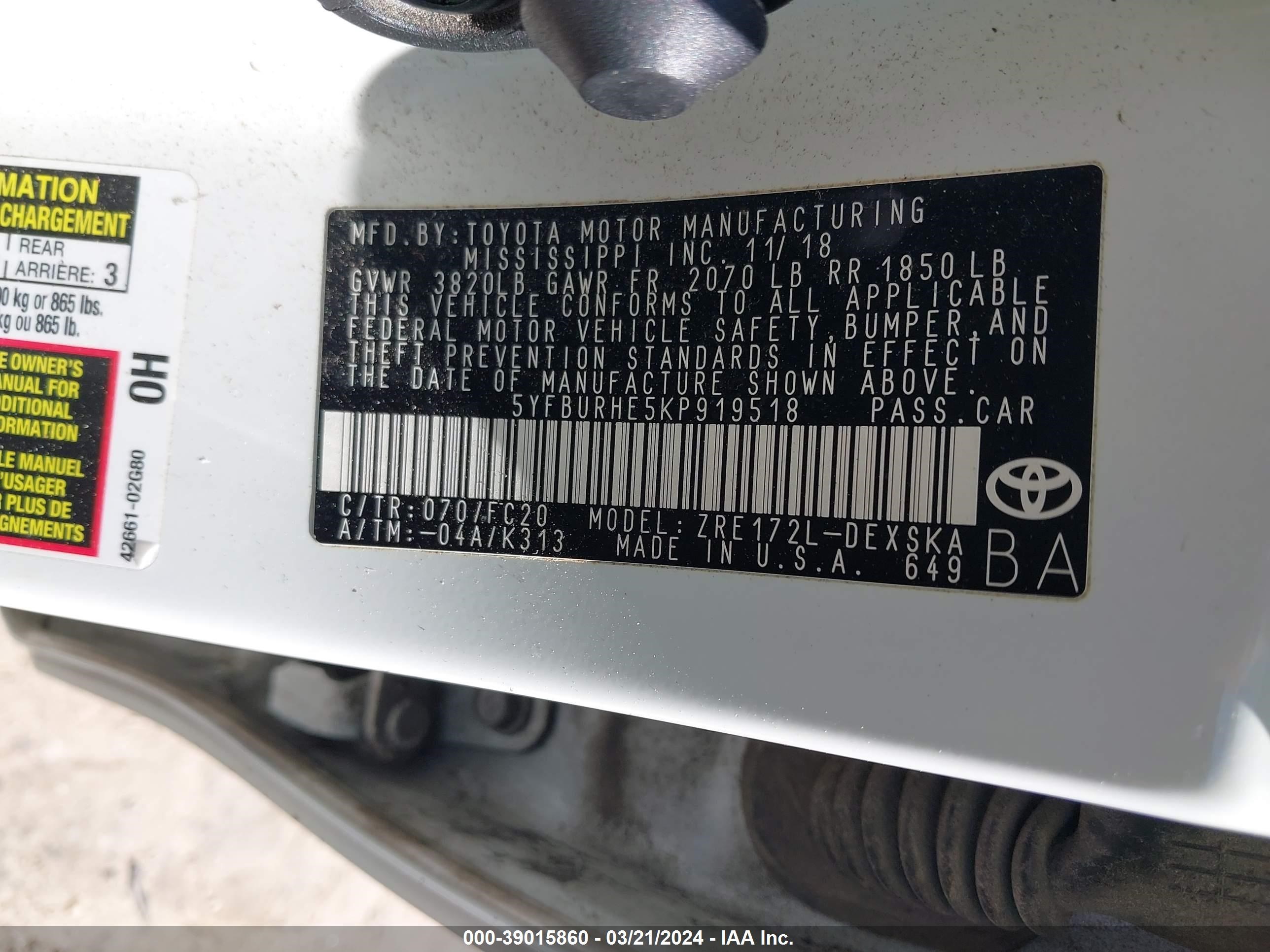 Photo 8 VIN: 5YFBURHE5KP919518 - TOYOTA COROLLA 