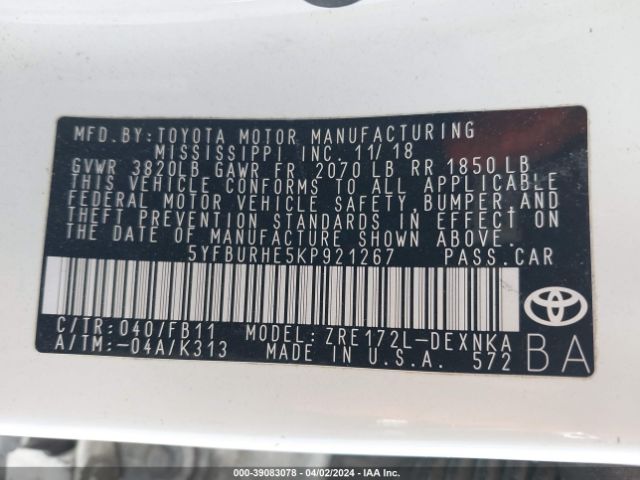 Photo 8 VIN: 5YFBURHE5KP921267 - TOYOTA COROLLA 