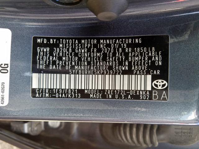 Photo 9 VIN: 5YFBURHE5KP939722 - TOYOTA COROLLA L 