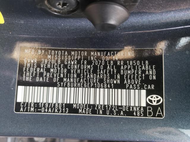 Photo 9 VIN: 5YFBURHE6EP106841 - TOYOTA COROLLA L 