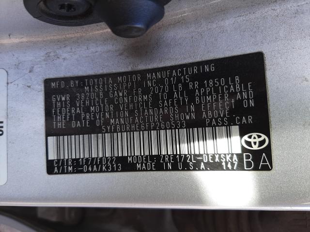 Photo 9 VIN: 5YFBURHE6FP260533 - TOYOTA COROLLA L 