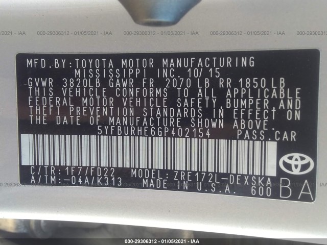 Photo 8 VIN: 5YFBURHE6GP402154 - TOYOTA COROLLA 