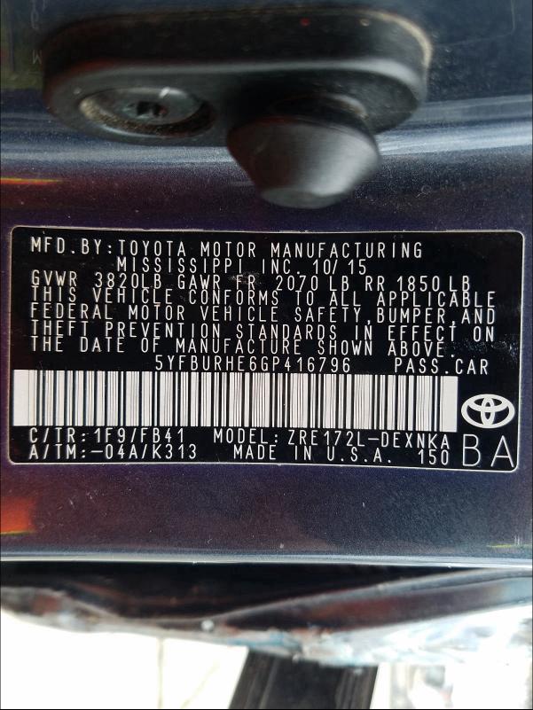 Photo 9 VIN: 5YFBURHE6GP416796 - TOYOTA COROLLA L 