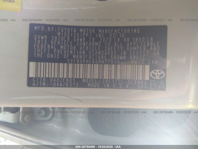 Photo 8 VIN: 5YFBURHE6GP477646 - TOYOTA COROLLA 