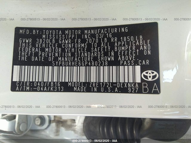 Photo 8 VIN: 5YFBURHE6GP480238 - TOYOTA COROLLA 