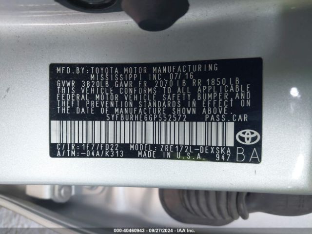 Photo 8 VIN: 5YFBURHE6GP552572 - TOYOTA COROLLA 