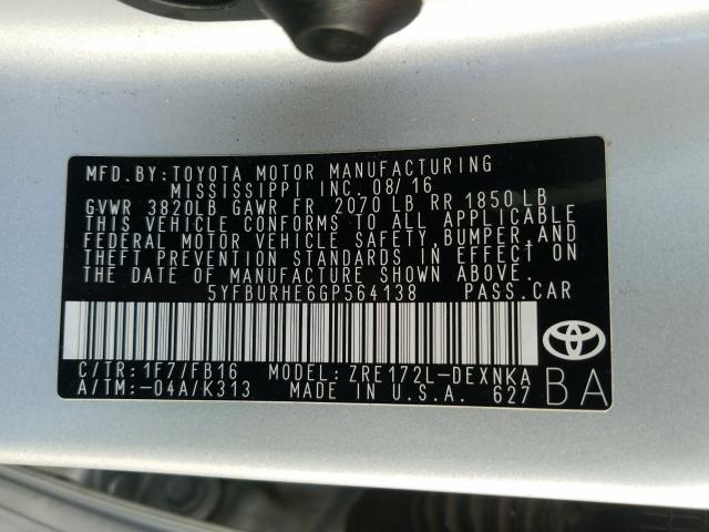 Photo 9 VIN: 5YFBURHE6GP564138 - TOYOTA COROLLA L 