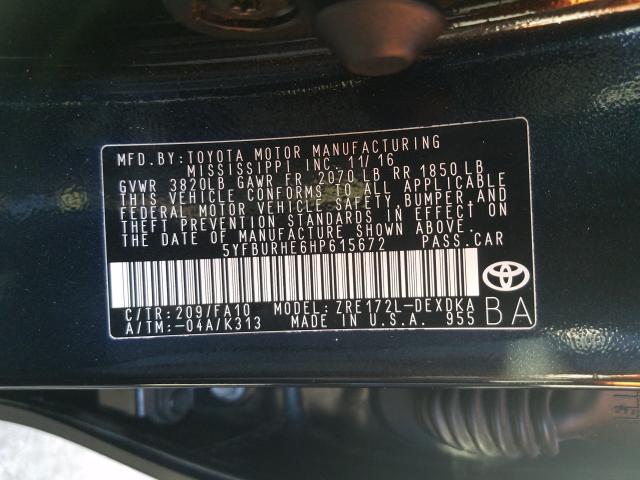 Photo 9 VIN: 5YFBURHE6HP615672 - TOYOTA COROLLA L 