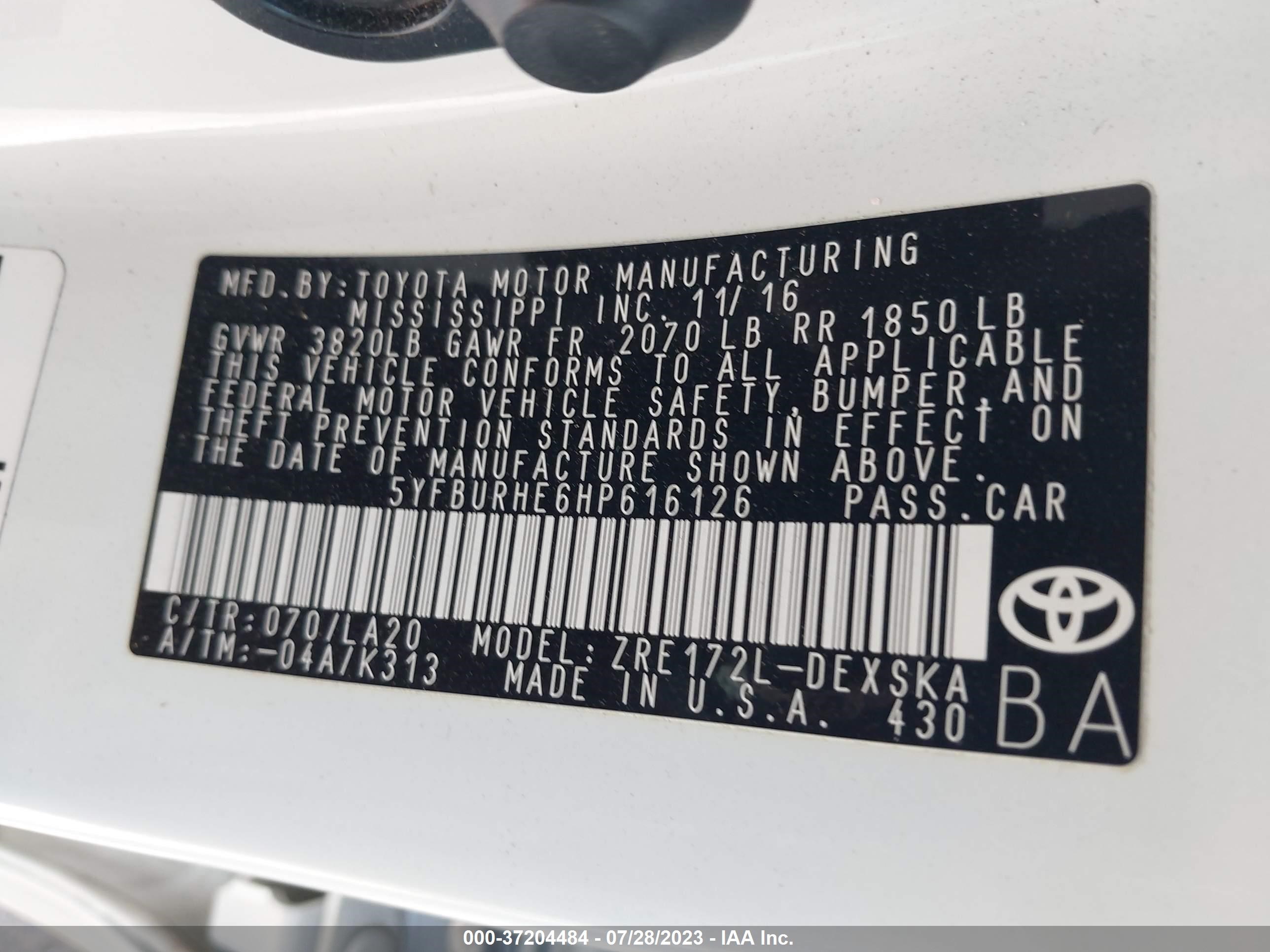 Photo 8 VIN: 5YFBURHE6HP616126 - TOYOTA COROLLA 