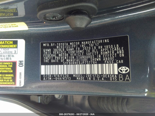 Photo 8 VIN: 5YFBURHE6JP757784 - TOYOTA COROLLA 