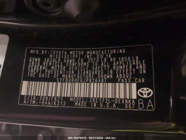 Photo 8 VIN: 5YFBURHE6JP826487 - TOYOTA COROLLA 