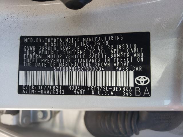 Photo 9 VIN: 5YFBURHE6KP889204 - TOYOTA COROLLA L 