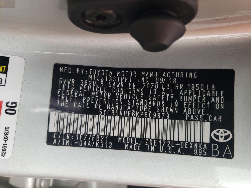 Photo 9 VIN: 5YFBURHE6KP889879 - TOYOTA COROLLA L 