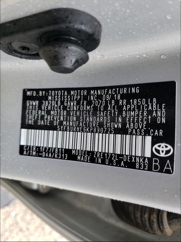 Photo 9 VIN: 5YFBURHE6KP890725 - TOYOTA COROLLA L 