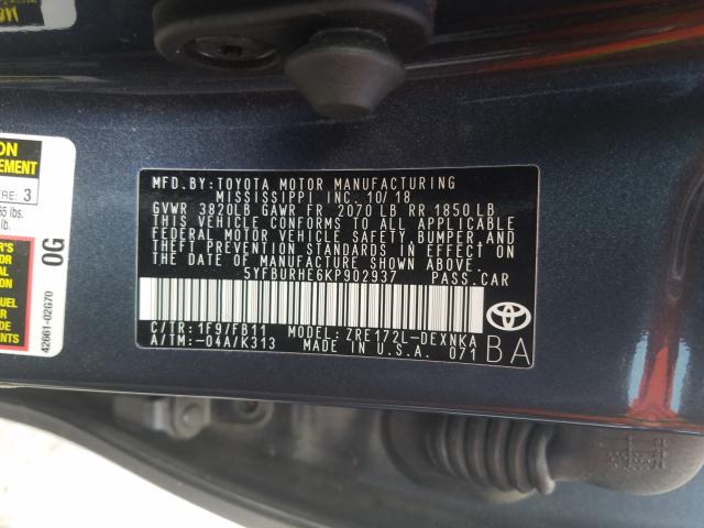 Photo 9 VIN: 5YFBURHE6KP902937 - TOYOTA COROLLA L 