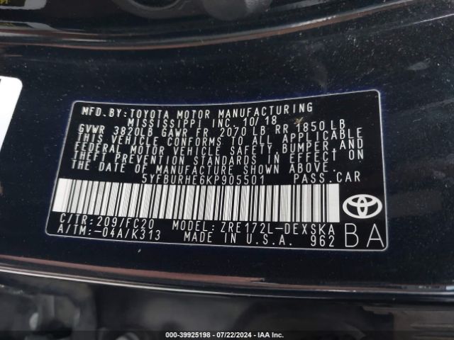 Photo 8 VIN: 5YFBURHE6KP905501 - TOYOTA COROLLA 