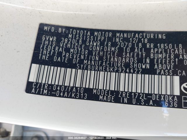 Photo 8 VIN: 5YFBURHE6KP924422 - TOYOTA COROLLA 