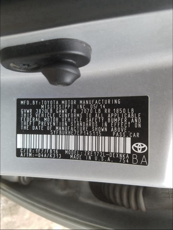 Photo 9 VIN: 5YFBURHE7EP145115 - TOYOTA COROLLA L 