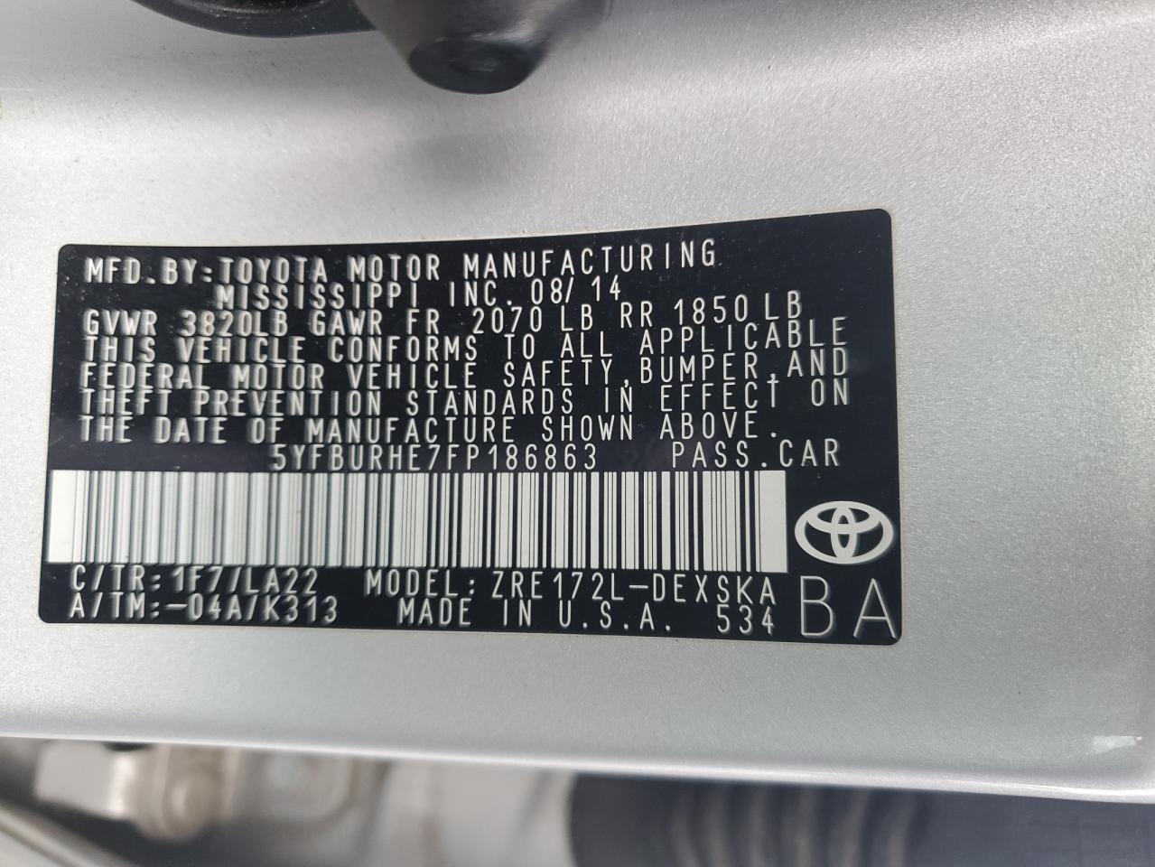 Photo 11 VIN: 5YFBURHE7FP186863 - TOYOTA COROLLA 