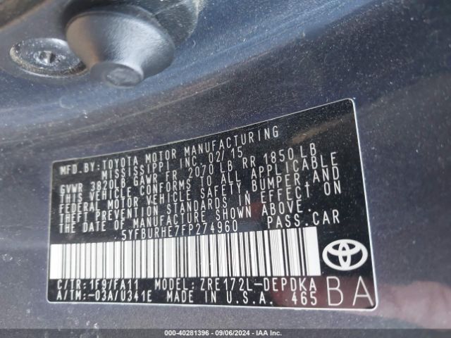 Photo 8 VIN: 5YFBURHE7FP274960 - TOYOTA COROLLA 