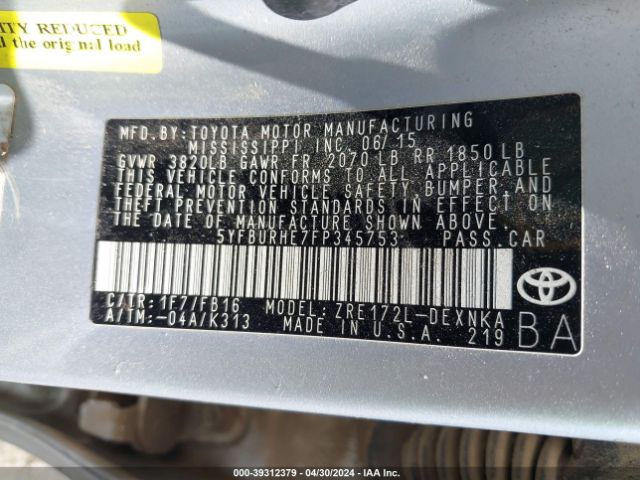 Photo 8 VIN: 5YFBURHE7FP345753 - TOYOTA COROLLA 