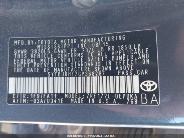 Photo 8 VIN: 5YFBURHE7GP368287 - TOYOTA COROLLA 