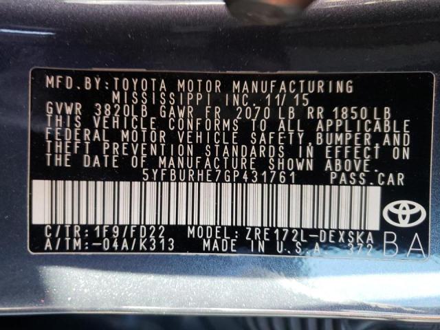 Photo 9 VIN: 5YFBURHE7GP431761 - TOYOTA COROLLA L 