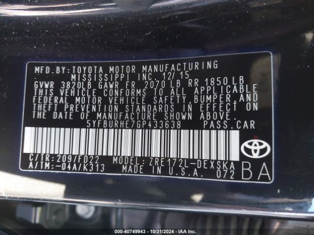 Photo 8 VIN: 5YFBURHE7GP433638 - TOYOTA COROLLA 