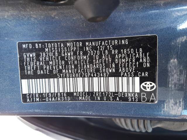 Photo 9 VIN: 5YFBURHE7GP443487 - TOYOTA COROLLA L 