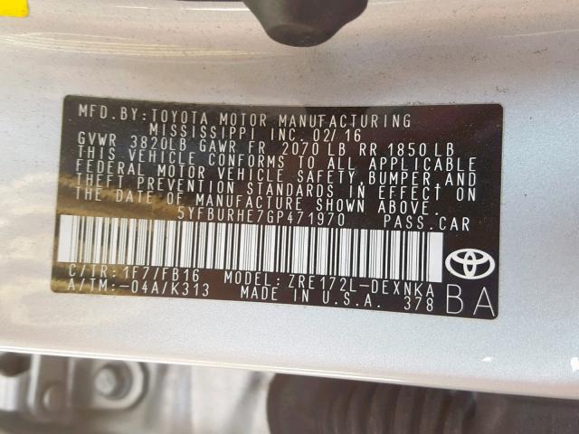 Photo 9 VIN: 5YFBURHE7GP471970 - TOYOTA COROLLA L 