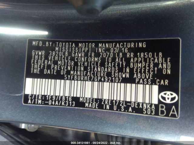 Photo 8 VIN: 5YFBURHE7GP492107 - TOYOTA COROLLA 