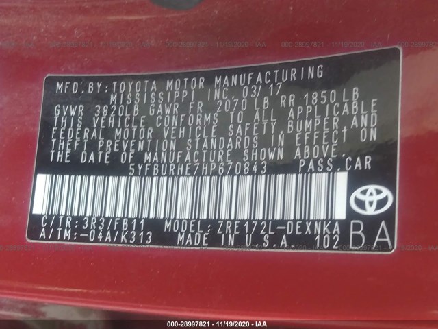 Photo 8 VIN: 5YFBURHE7HP670843 - TOYOTA COROLLA 