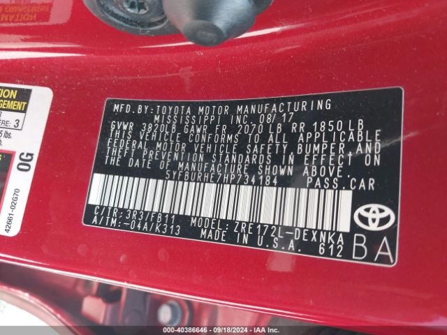 Photo 8 VIN: 5YFBURHE7HP734184 - TOYOTA COROLLA 