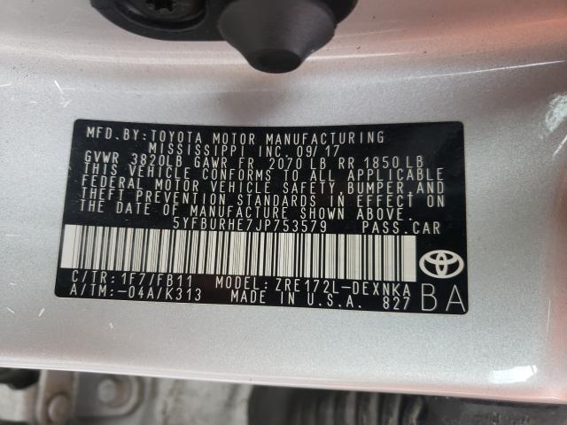 Photo 9 VIN: 5YFBURHE7JP753579 - TOYOTA COROLLA L 