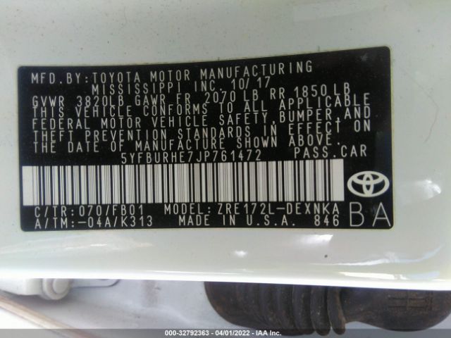 Photo 8 VIN: 5YFBURHE7JP761472 - TOYOTA COROLLA 