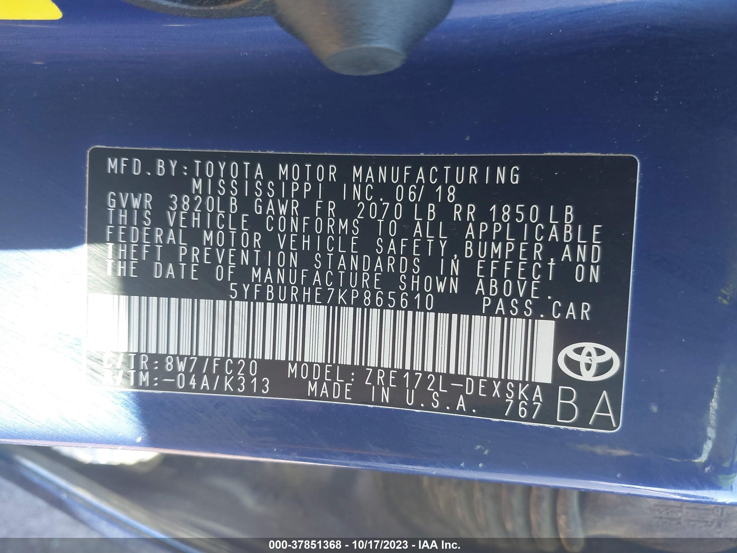 Photo 8 VIN: 5YFBURHE7KP865610 - TOYOTA COROLLA 