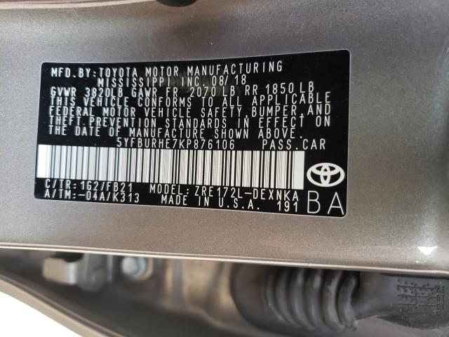 Photo 9 VIN: 5YFBURHE7KP876106 - TOYOTA COROLLA L 