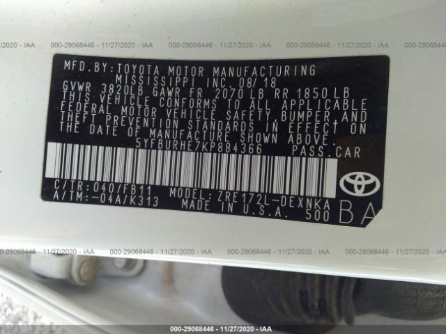 Photo 8 VIN: 5YFBURHE7KP884366 - TOYOTA COROLLA 