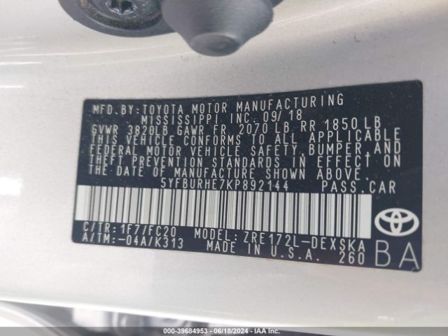 Photo 8 VIN: 5YFBURHE7KP892144 - TOYOTA COROLLA 