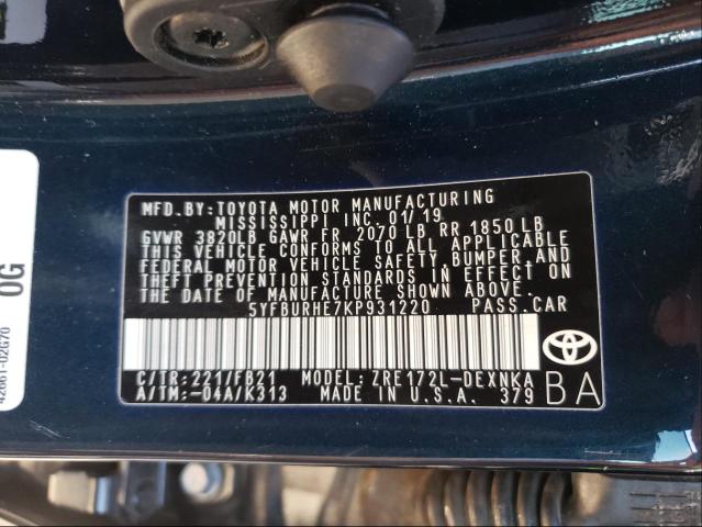 Photo 9 VIN: 5YFBURHE7KP931220 - TOYOTA COROLLA L 