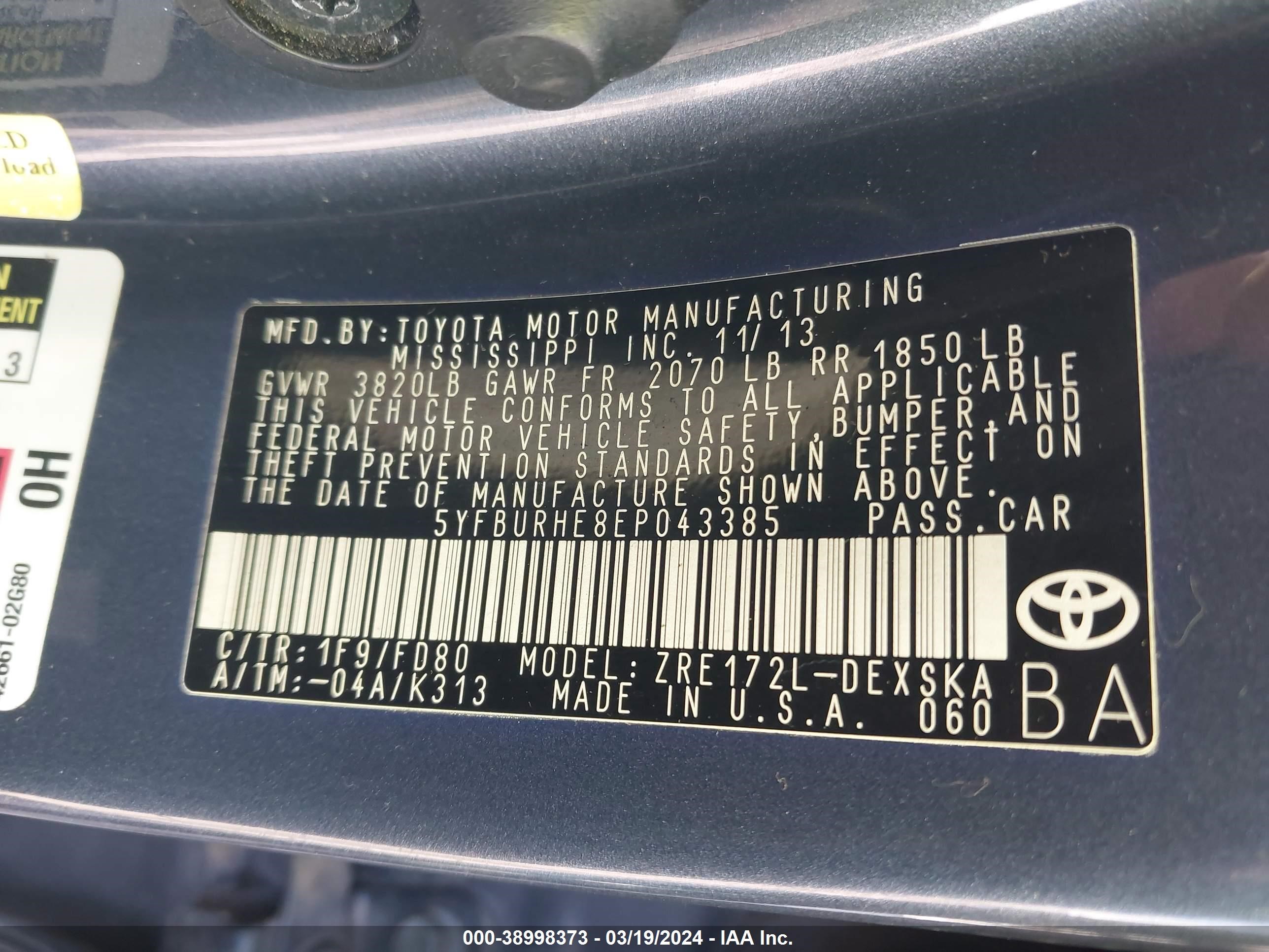 Photo 8 VIN: 5YFBURHE8EP043385 - TOYOTA COROLLA 