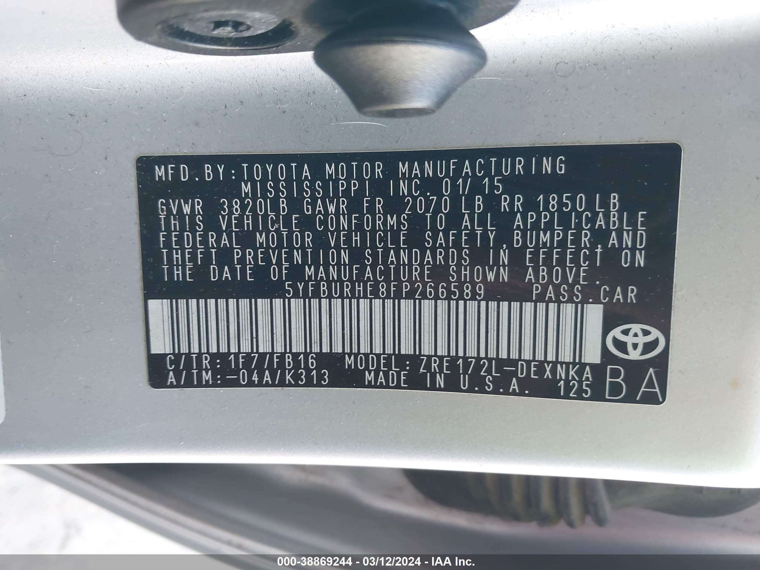 Photo 8 VIN: 5YFBURHE8FP266589 - TOYOTA COROLLA 