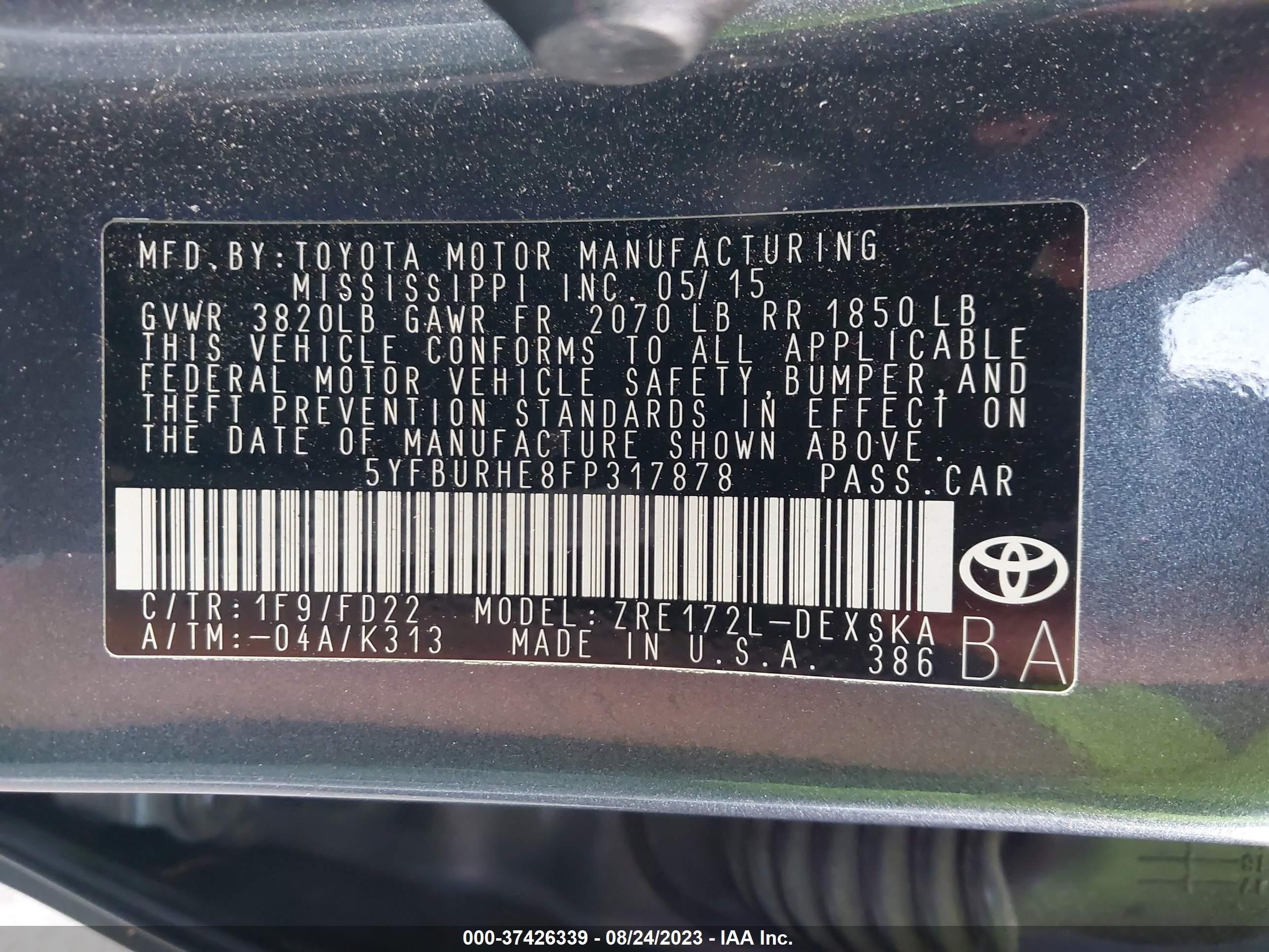 Photo 8 VIN: 5YFBURHE8FP317878 - TOYOTA COROLLA 