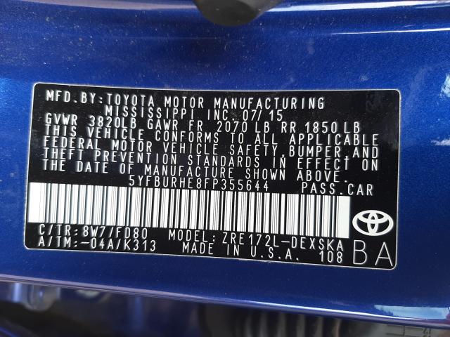 Photo 9 VIN: 5YFBURHE8FP355644 - TOYOTA COROLLA L 