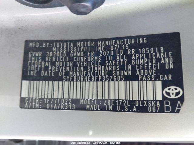 Photo 8 VIN: 5YFBURHE8FP357605 - TOYOTA COROLLA 