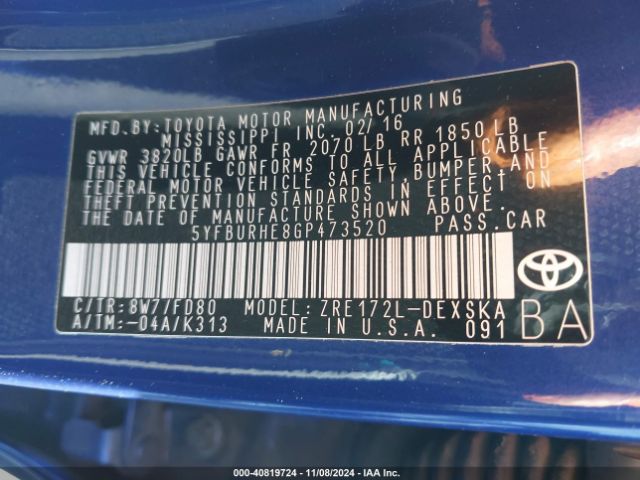 Photo 8 VIN: 5YFBURHE8GP473520 - TOYOTA COROLLA 